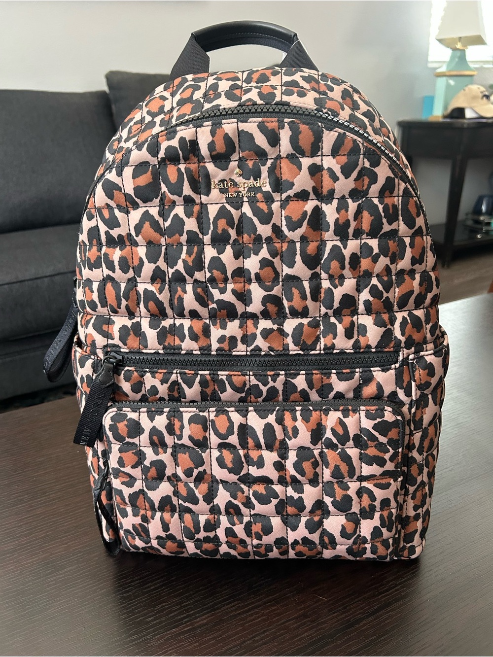 kate spade Leopard Print Quilted large Backpack in Black, Brown, Cream